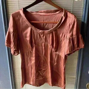 Brown silk blend blouse small medium babydoll flowy short sleeve gathered y2k